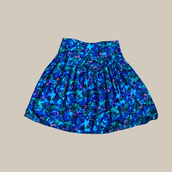 Vintage Blue and Green Pleated Floral Semi Circle Midi Skirt - Picture 1 of 6